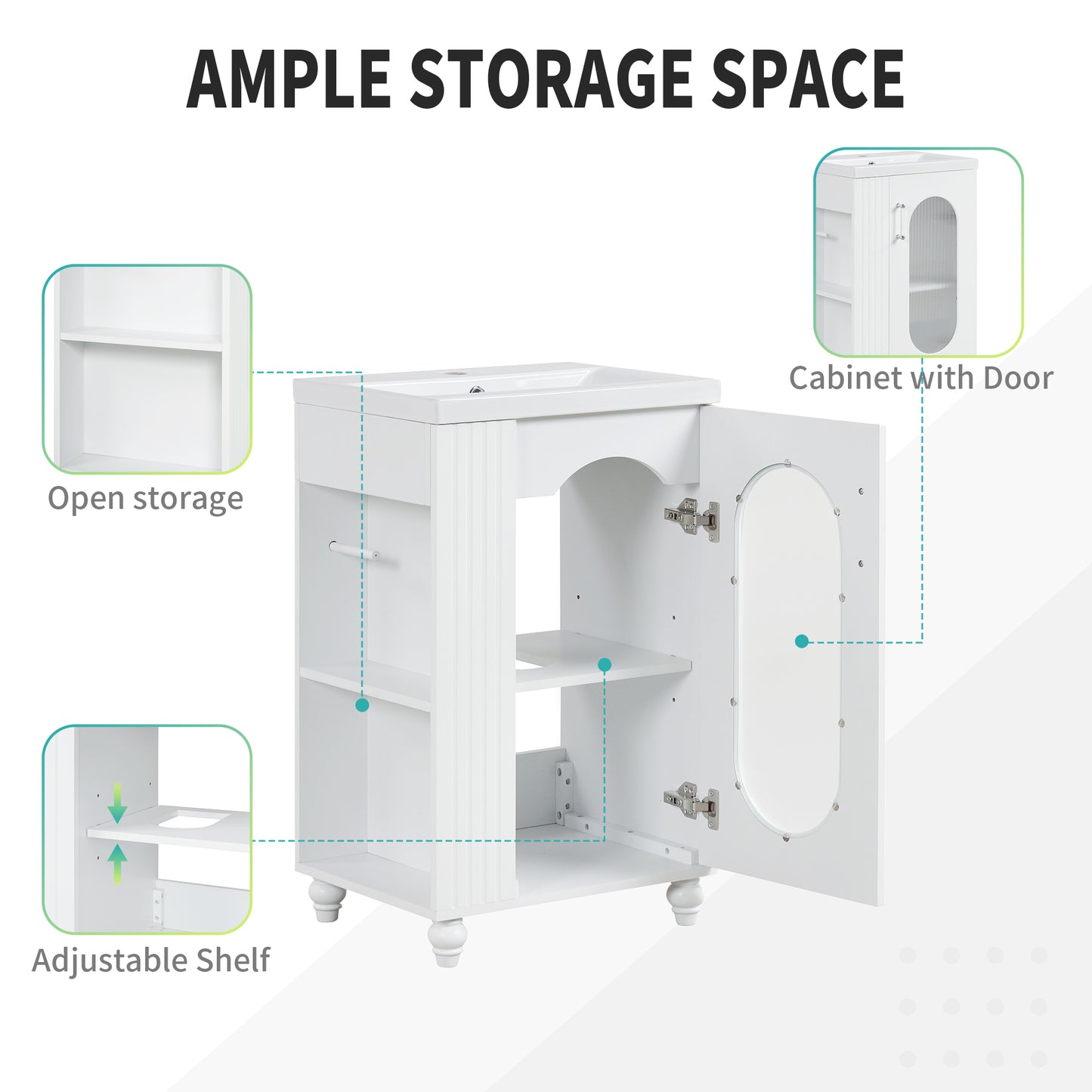 VanityFus 20-in White Bathroom Vanity Single Sink Combo Ceramic Top 1 Soft Close Door Undermount Adjustable Shelves