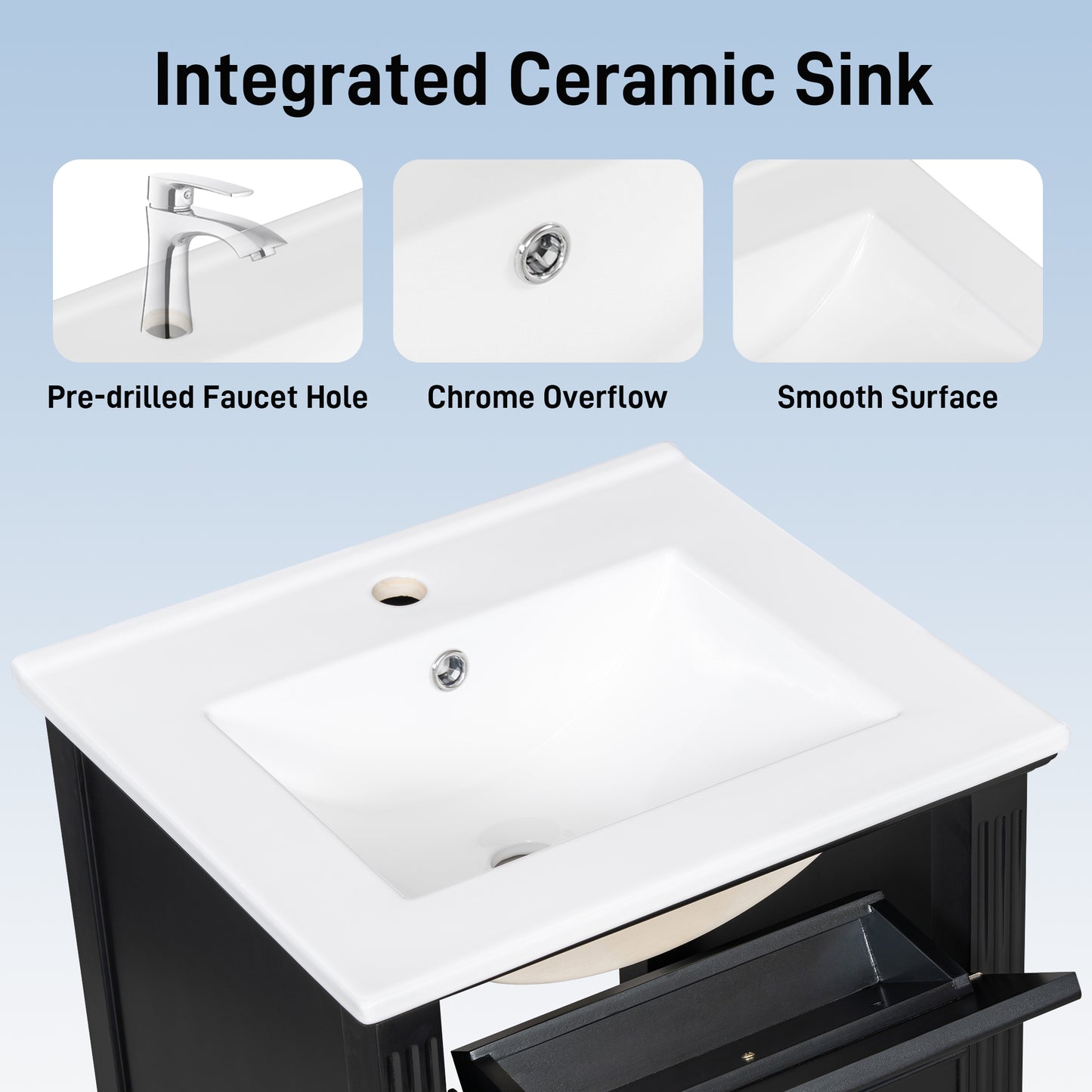 VanityFus 20-in Bathroom Vanity Black Single Sink Combo with Ceramic Top 1 Soft Close Door 1 Drawer Adjustable Shelves