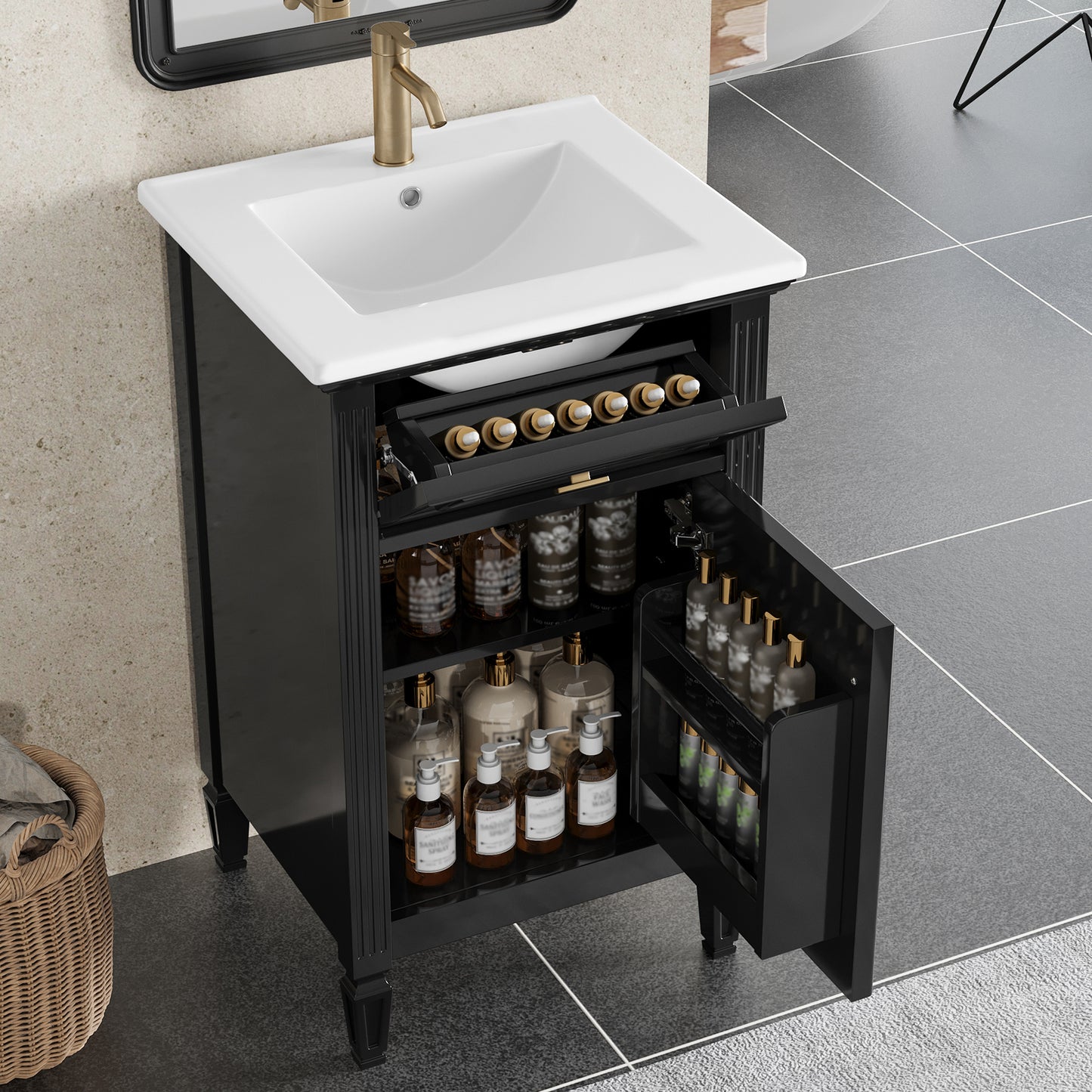 VanityFus 20-in Bathroom Vanity Black Single Sink Combo with Ceramic Top 1 Soft Close Door 1 Drawer Adjustable Shelves