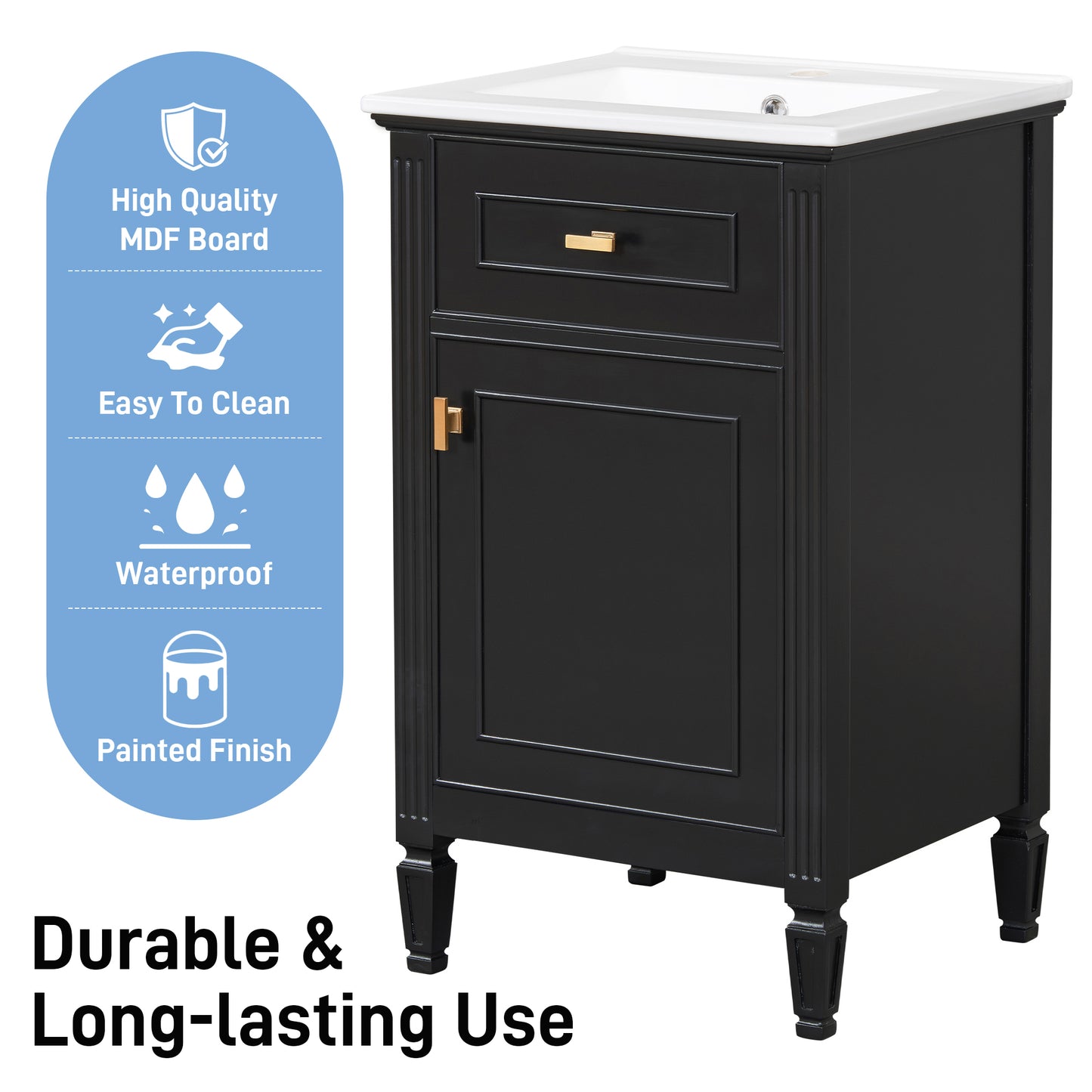 VanityFus 20-in Bathroom Vanity Black Single Sink Combo with Ceramic Top 1 Soft Close Door 1 Drawer Adjustable Shelves