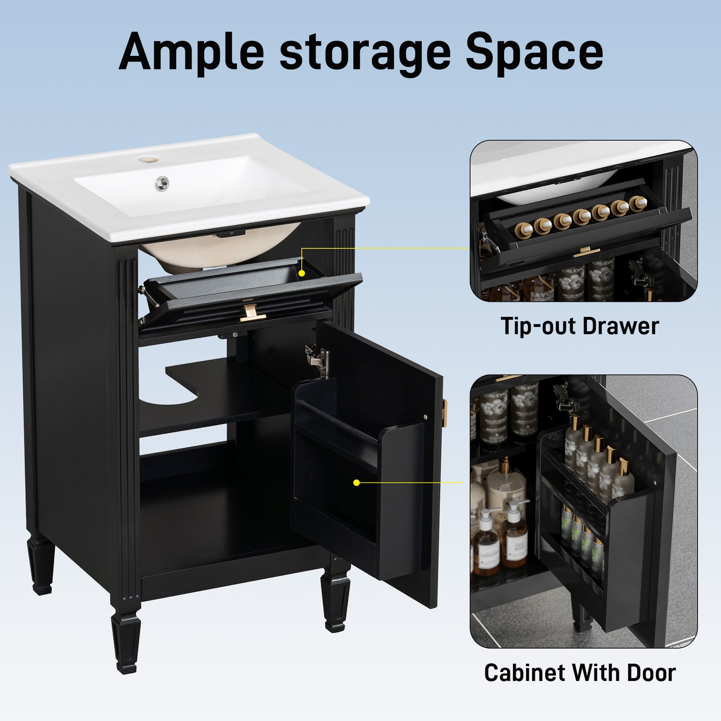 VanityFus 20-in Bathroom Vanity Black Single Sink Combo with Ceramic Top 1 Soft Close Door 1 Drawer Adjustable Shelves