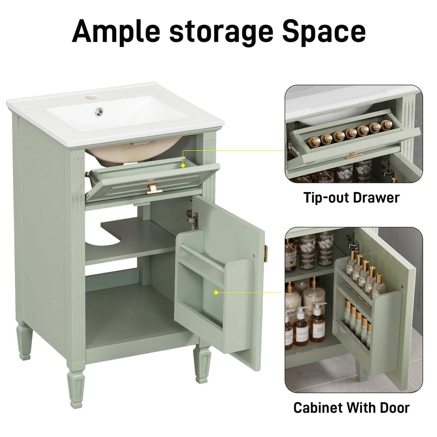VanityFus 20-in Bathroom Vanity Green Single Sink Combo with Ceramic Top 1 Soft Close Door 1 Drawer Adjustable Shelves