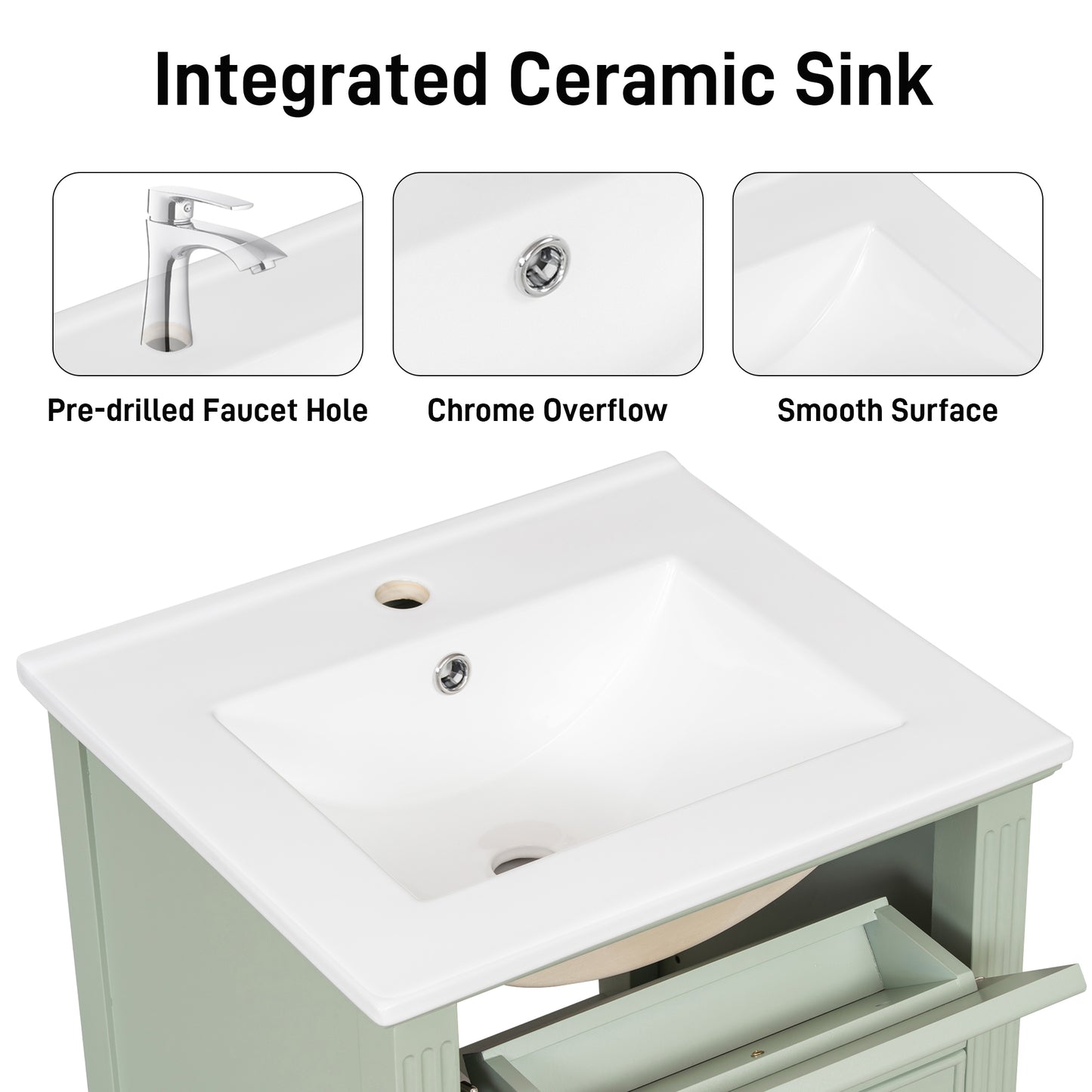 VanityFus 20-in Bathroom Vanity Green Single Sink Combo with Ceramic Top 1 Soft Close Door 1 Drawer Adjustable Shelves