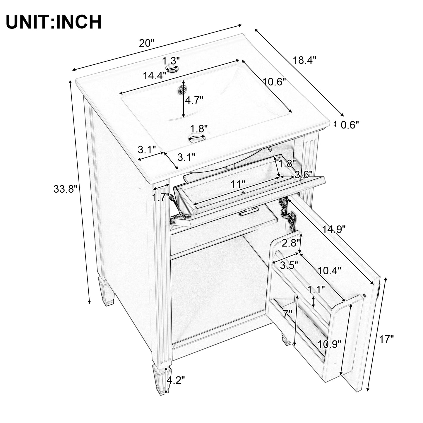 VanityFus 20-in Bathroom Vanity White Single Sink Combo with Ceramic Top 1 Soft Close Door 1 Drawer Adjustable Shelves