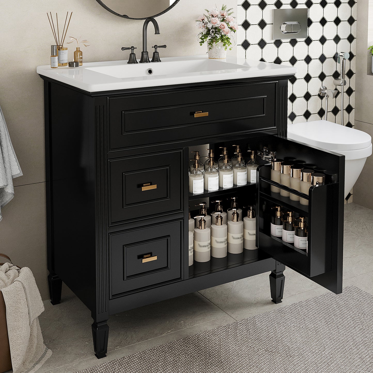 VanityFus 30-in Black Bathroom Vanity Single Sink Combo Ceramic Top 1 door 3 drawers Undermount Adjustable Shelves