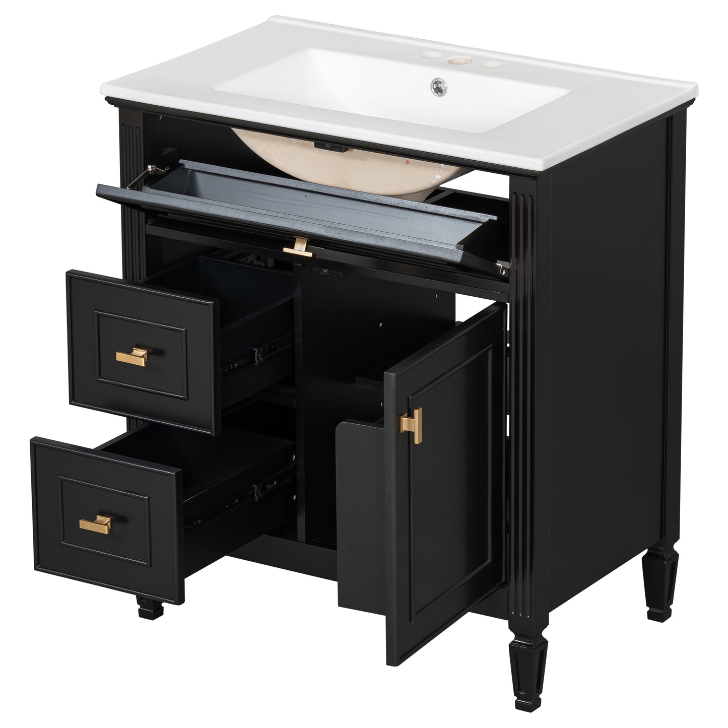 VanityFus 30-in Black Bathroom Vanity Single Sink Combo Ceramic Top 1 door 3 drawers Undermount Adjustable Shelves