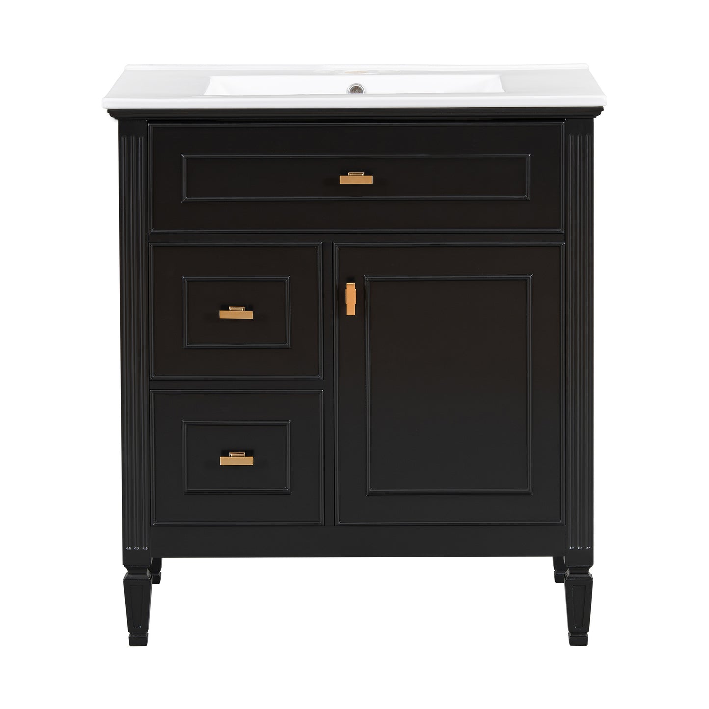 VanityFus 30-in Black Bathroom Vanity Single Sink Combo Ceramic Top 1 door 3 drawers Undermount Adjustable Shelves