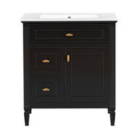 VanityFus 30-in Black Bathroom Vanity Single Sink Combo Ceramic Top 1 door 3 drawers Undermount Adjustable Shelves