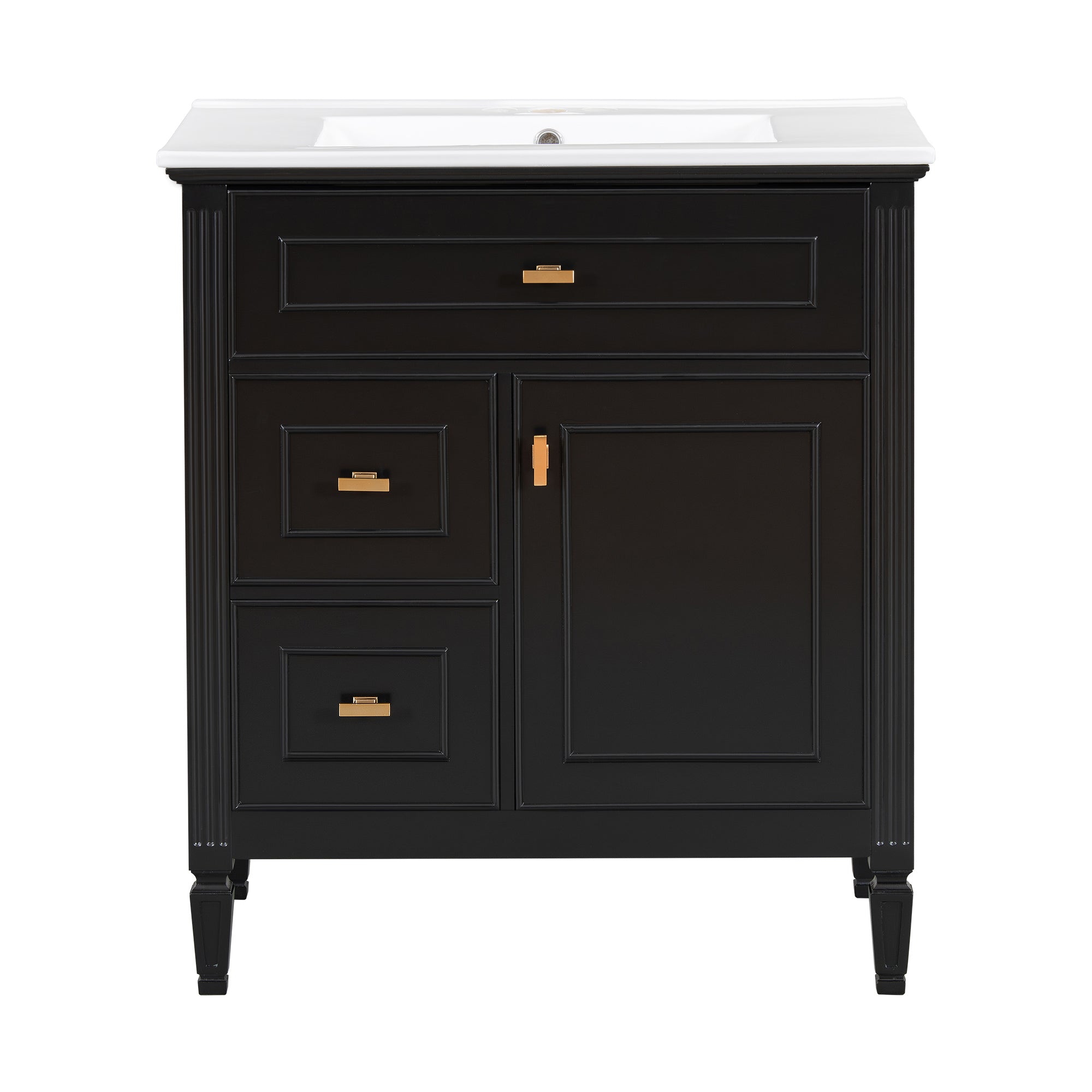 VanityFus 30-in Black Bathroom Vanity Single Sink Combo Ceramic Top 1 door 3 drawers Undermount Adjustable Shelves