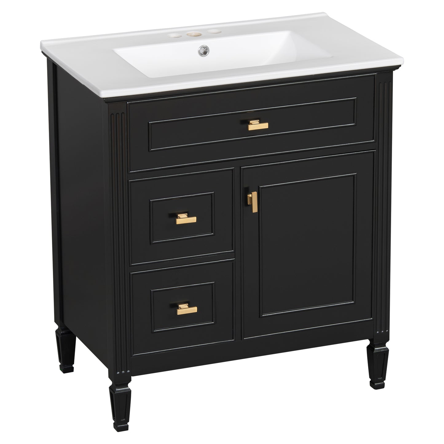 VanityFus 30-in Black Bathroom Vanity Single Sink Combo Ceramic Top 1 door 3 drawers Undermount Adjustable Shelves