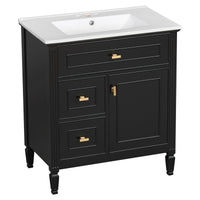 VanityFus 30-in Black Bathroom Vanity Single Sink Combo Ceramic Top 1 door 3 drawers Undermount Adjustable Shelves