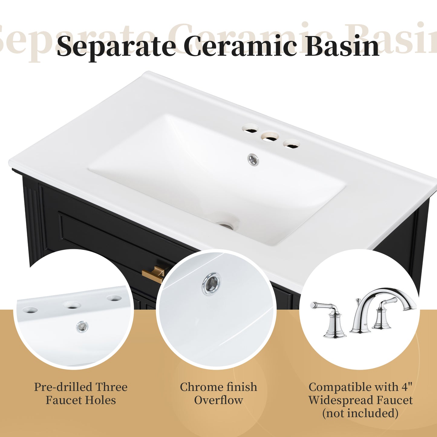 VanityFus 30-in Black Bathroom Vanity Single Sink Combo Ceramic Top 1 door 3 drawers Undermount Adjustable Shelves