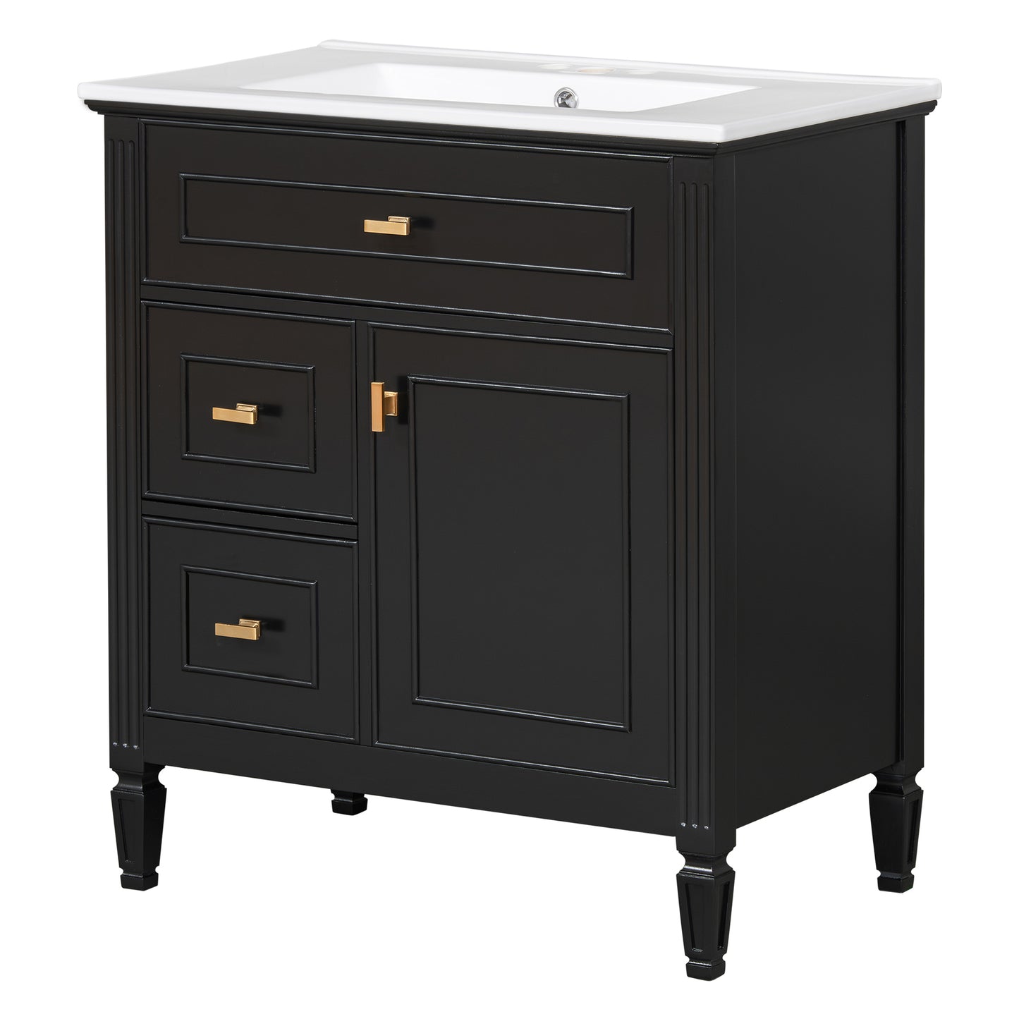 VanityFus 30-in Black Bathroom Vanity Single Sink Combo Ceramic Top 1 door 3 drawers Undermount Adjustable Shelves