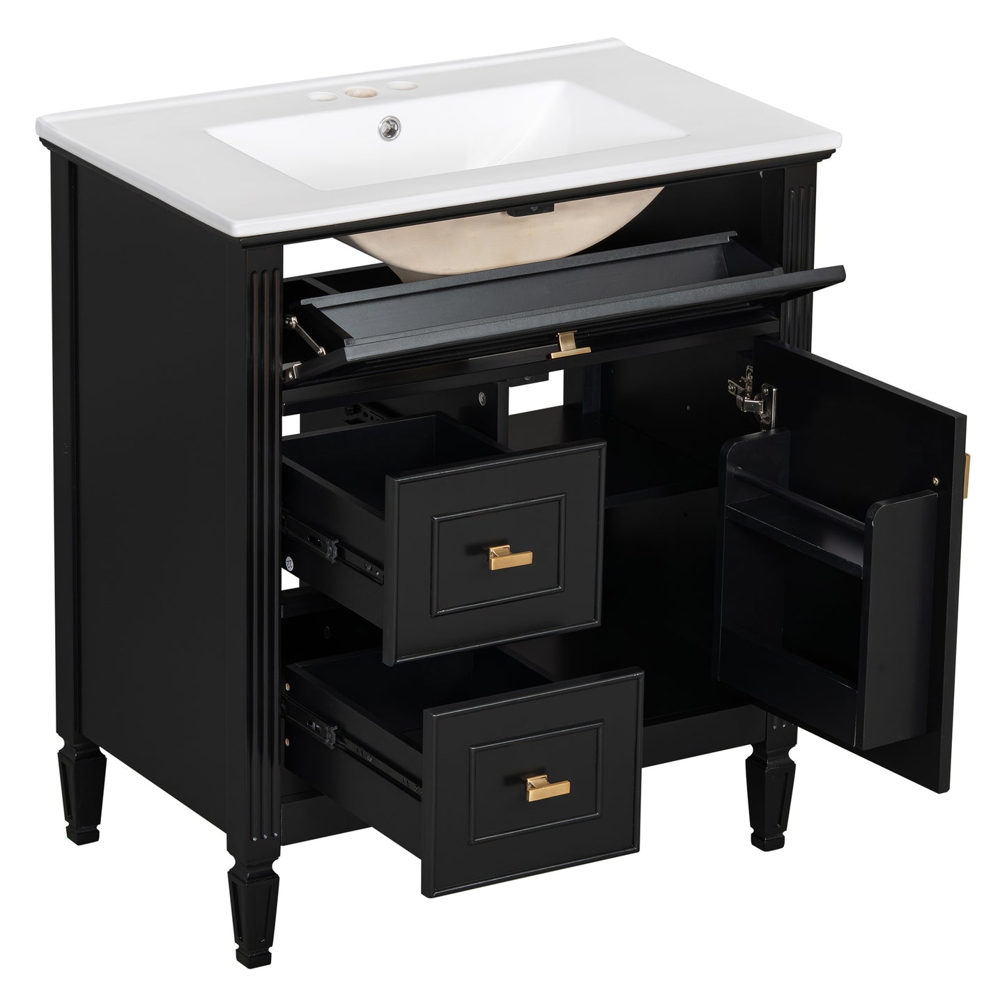 VanityFus 30-in Black Bathroom Vanity Single Sink Combo Ceramic Top 1 door 3 drawers Undermount Adjustable Shelves
