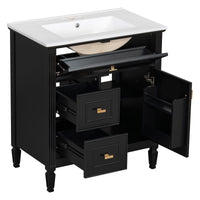 VanityFus 30-in Black Bathroom Vanity Single Sink Combo Ceramic Top 1 door 3 drawers Undermount Adjustable Shelves