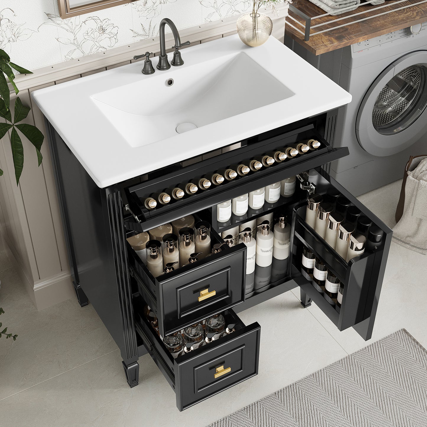 VanityFus 30-in Black Bathroom Vanity Single Sink Combo Ceramic Top 1 door 3 drawers Undermount Adjustable Shelves
