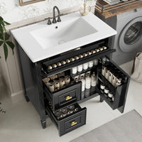 VanityFus 30-in Black Bathroom Vanity Single Sink Combo Ceramic Top 1 door 3 drawers Undermount Adjustable Shelves