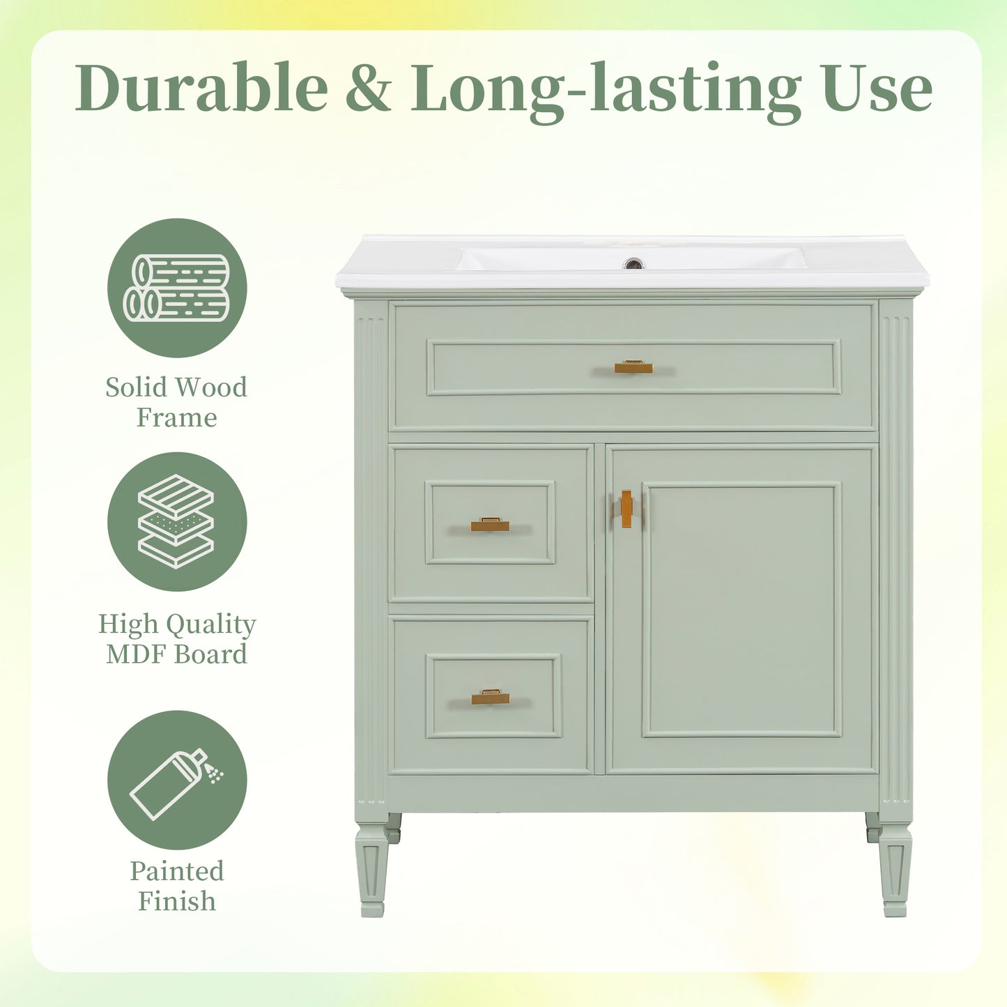 VanityFus 30-in Green Bathroom Vanity Single Sink Combo Ceramic Top 1 door 3 drawers Undermount Adjustable Shelves