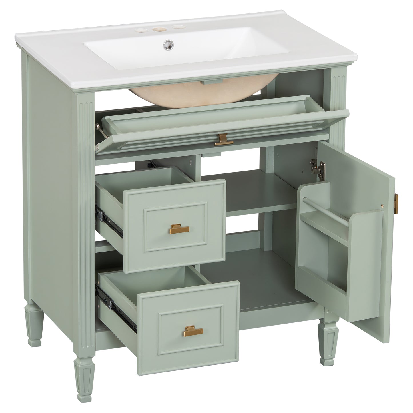 VanityFus 30-in Green Bathroom Vanity Single Sink Combo Ceramic Top 1 door 3 drawers Undermount Adjustable Shelves