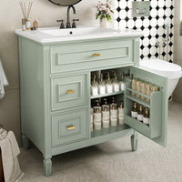 VanityFus 30-in Green Bathroom Vanity Single Sink Combo Ceramic Top 1 door 3 drawers Undermount Adjustable Shelves