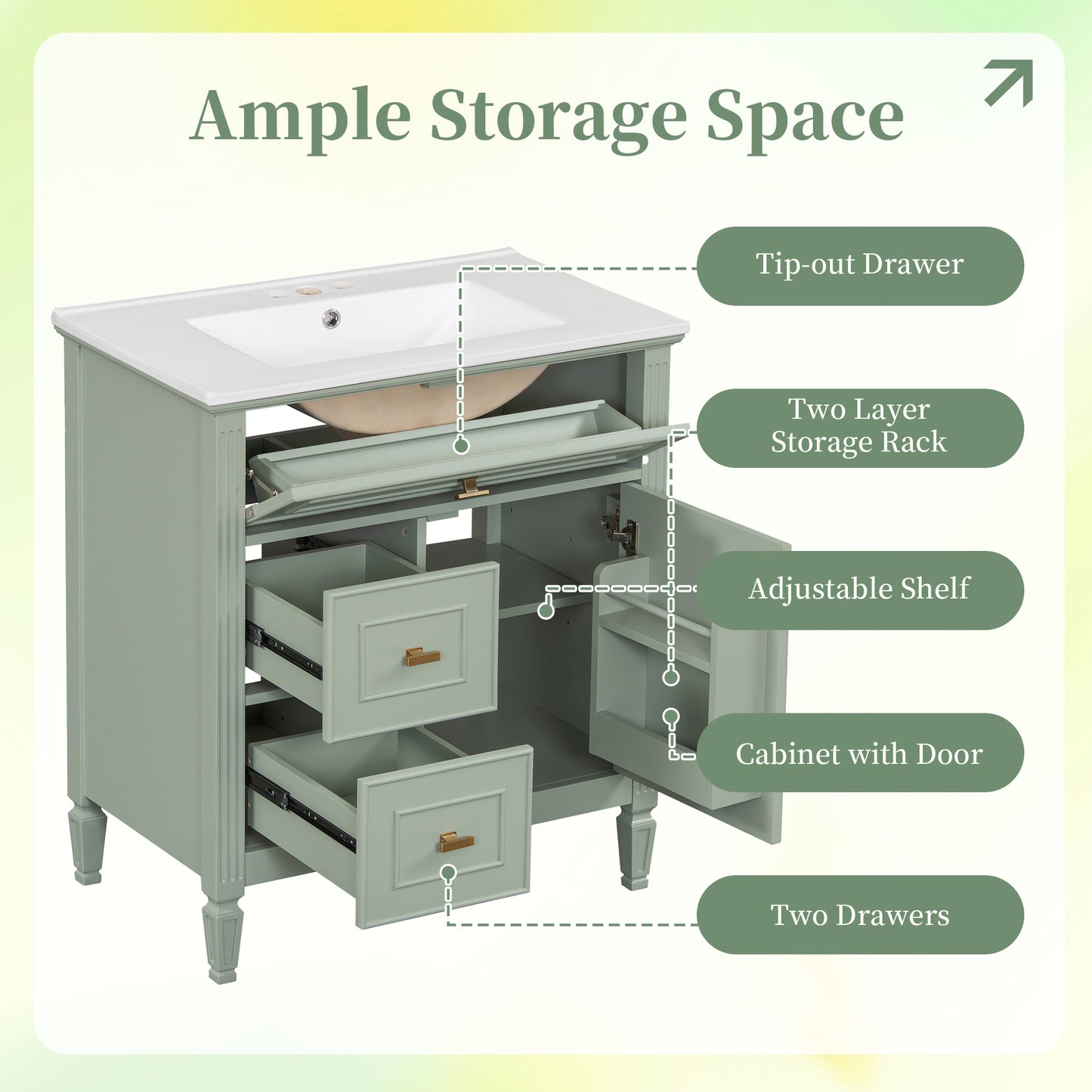 VanityFus 30-in Green Bathroom Vanity Single Sink Combo Ceramic Top 1 door 3 drawers Undermount Adjustable Shelves