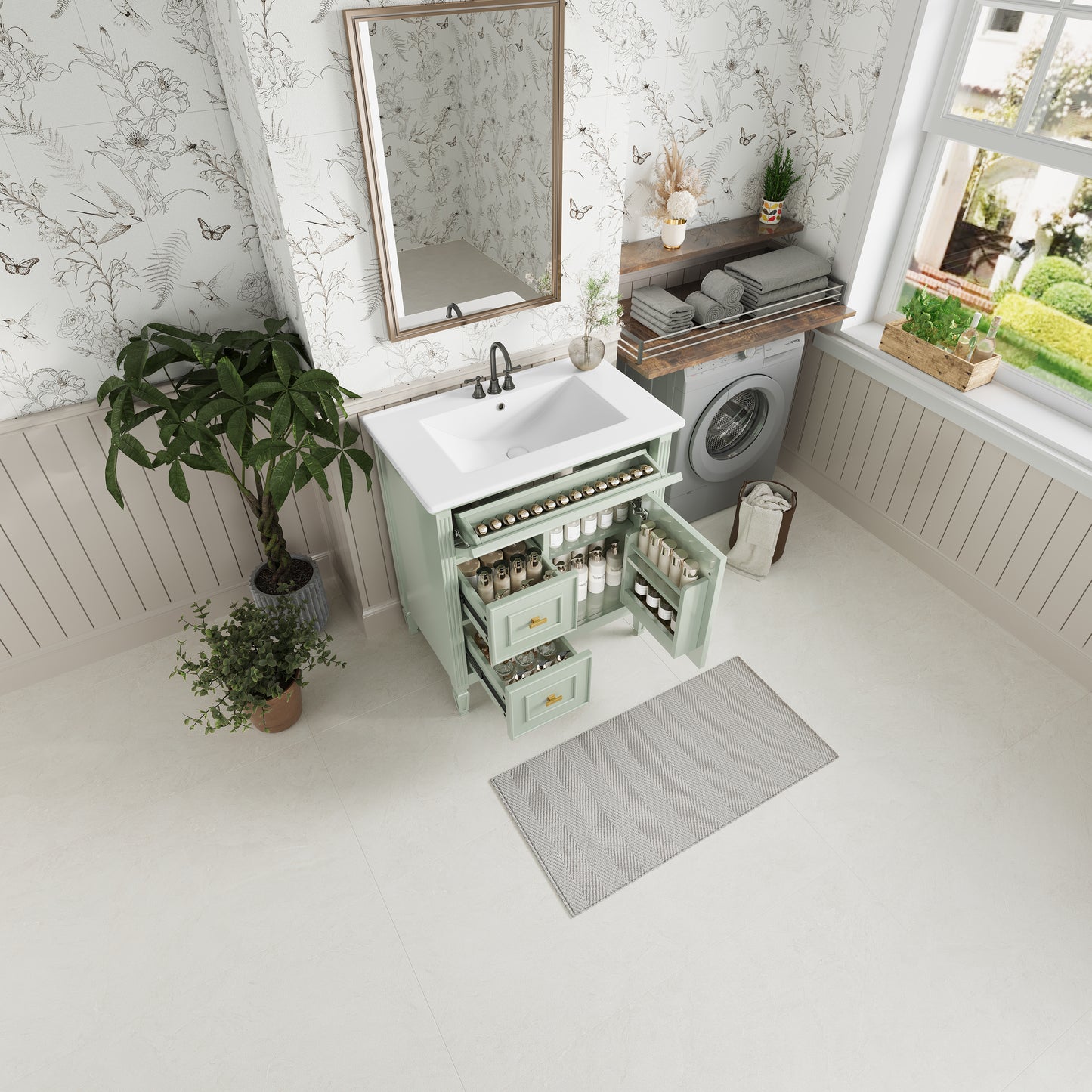 VanityFus 30-in Green Bathroom Vanity Single Sink Combo Ceramic Top 1 door 3 drawers Undermount Adjustable Shelves