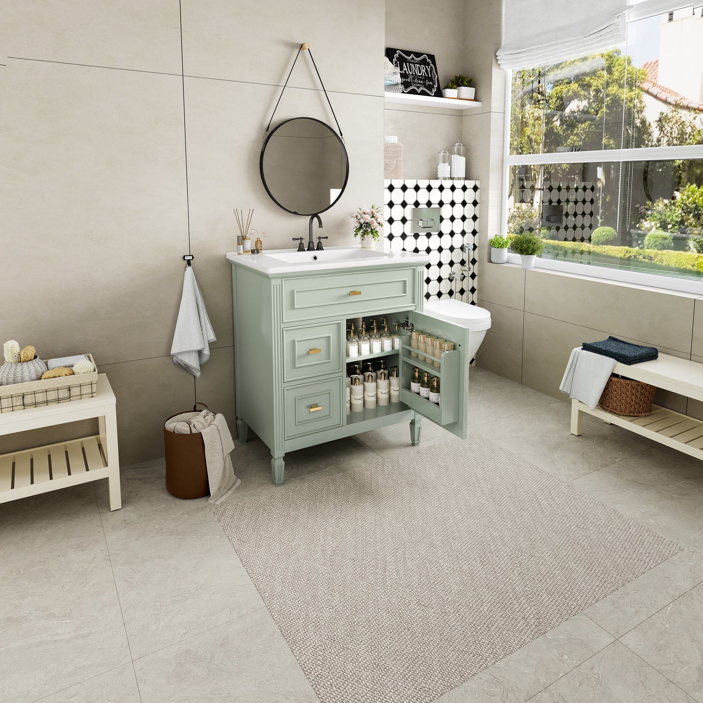 VanityFus 30-in Green Bathroom Vanity Single Sink Combo Ceramic Top 1 door 3 drawers Undermount Adjustable Shelves