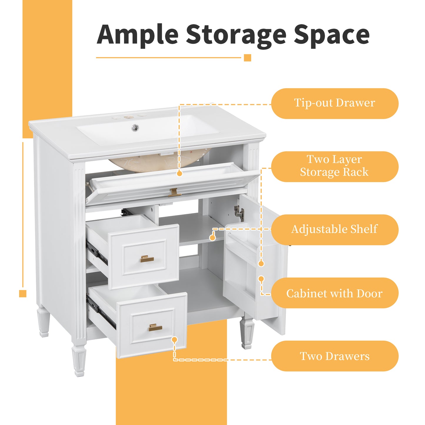 VanityFus 30-in White Bathroom Vanity Single Sink Combo Ceramic Top 1 door 3 drawers Undermount Adjustable Shelves