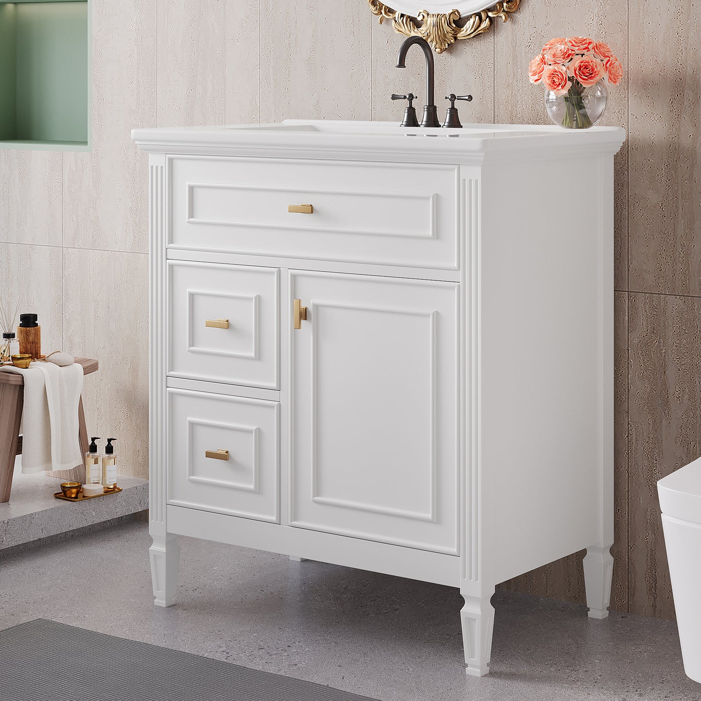 VanityFus 30-in White Bathroom Vanity Single Sink Combo Ceramic Top 1 door 3 drawers Undermount Adjustable Shelves