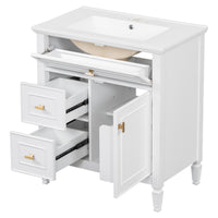 VanityFus 30-in White Bathroom Vanity Single Sink Combo Ceramic Top 1 door 3 drawers Undermount Adjustable Shelves
