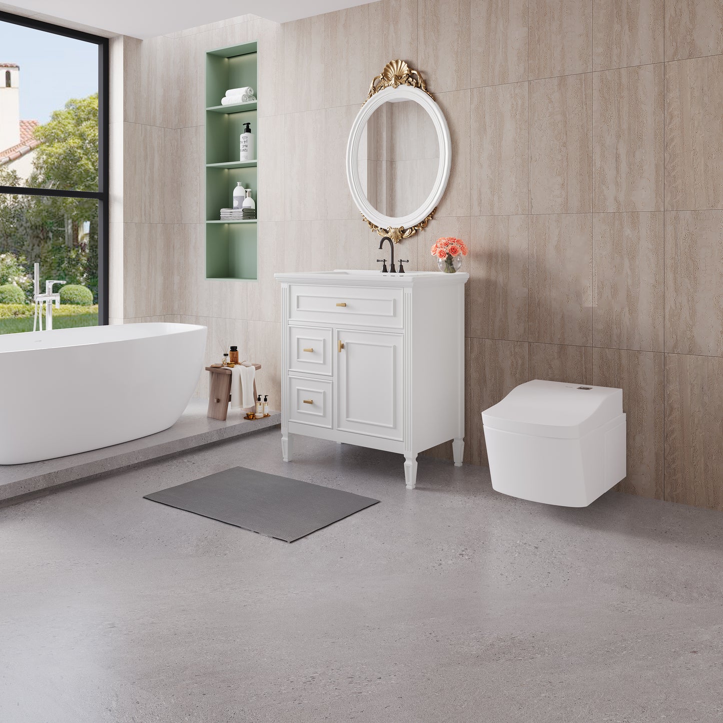 VanityFus 30-in White Bathroom Vanity Single Sink Combo Ceramic Top 1 door 3 drawers Undermount Adjustable Shelves