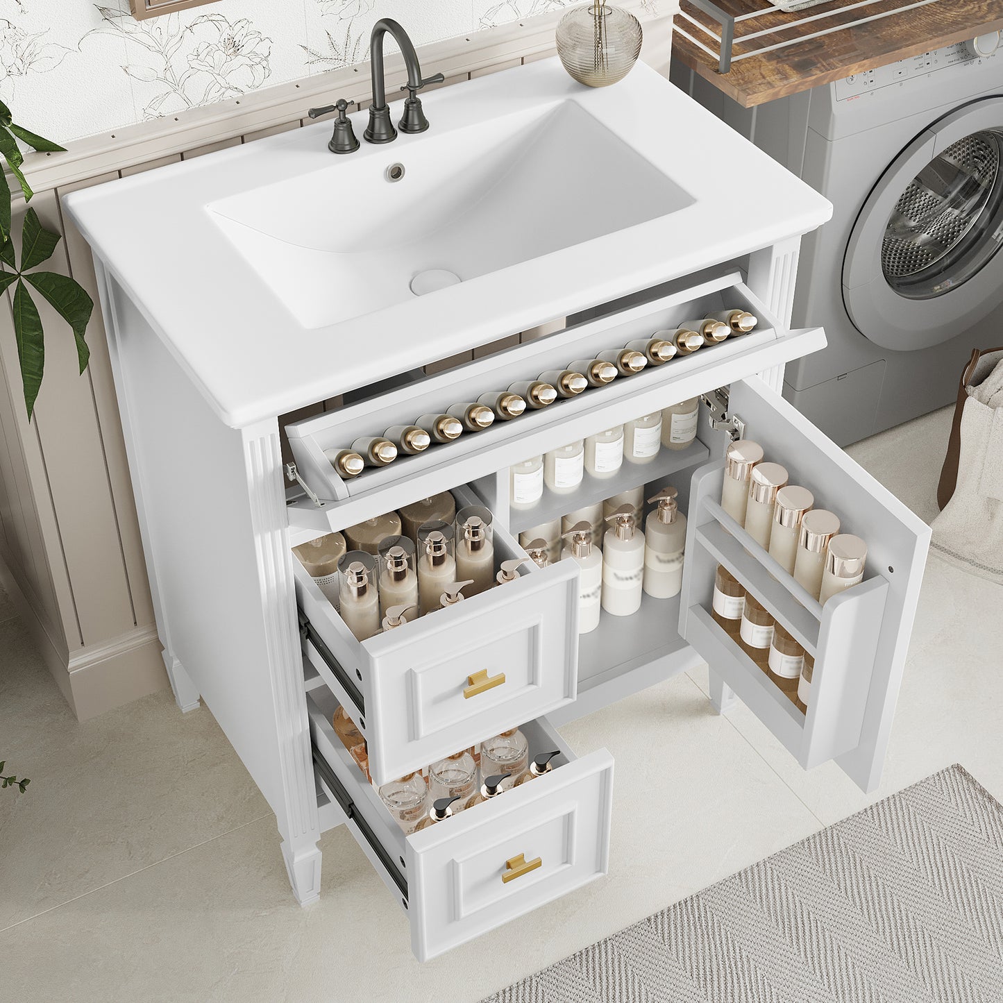 VanityFus 30-in White Bathroom Vanity Single Sink Combo Ceramic Top 1 door 3 drawers Undermount Adjustable Shelves