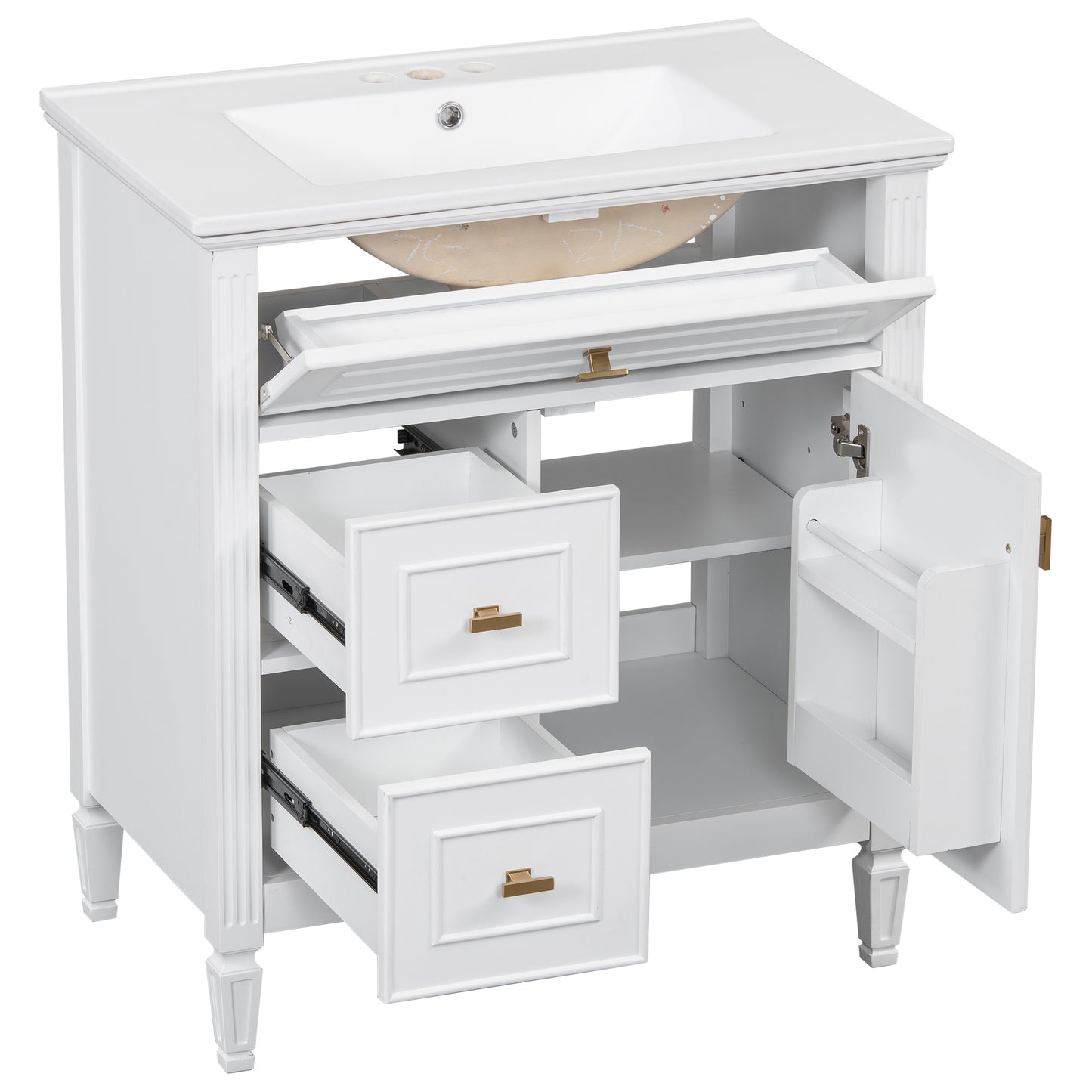 VanityFus 30-in White Bathroom Vanity Single Sink Combo Ceramic Top 1 door 3 drawers Undermount Adjustable Shelves