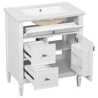 VanityFus 30-in White Bathroom Vanity Single Sink Combo Ceramic Top 1 door 3 drawers Undermount Adjustable Shelves