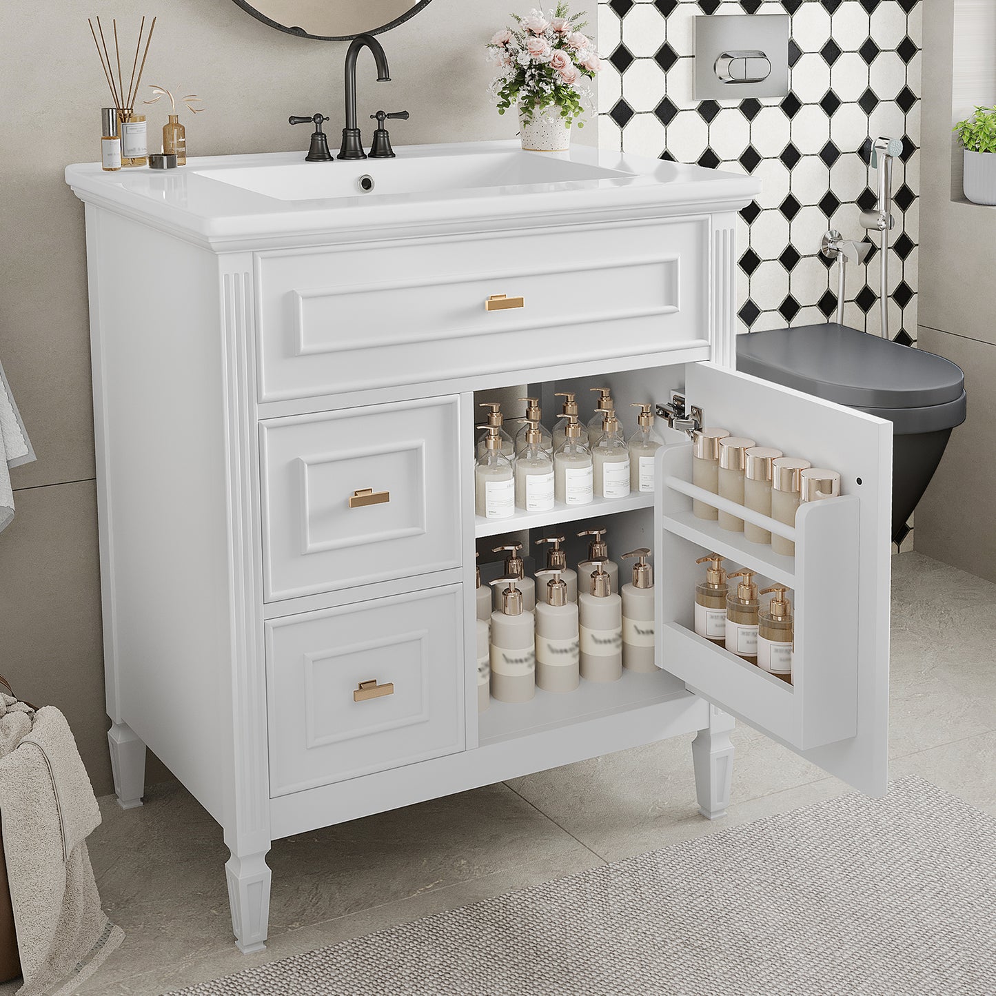 VanityFus 30-in White Bathroom Vanity Single Sink Combo Ceramic Top 1 door 3 drawers Undermount Adjustable Shelves