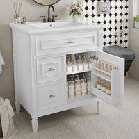 VanityFus 30-in White Bathroom Vanity Single Sink Combo Ceramic Top 1 door 3 drawers Undermount Adjustable Shelves