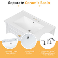 VanityFus 30-in White Bathroom Vanity Single Sink Combo Ceramic Top 1 door 3 drawers Undermount Adjustable Shelves