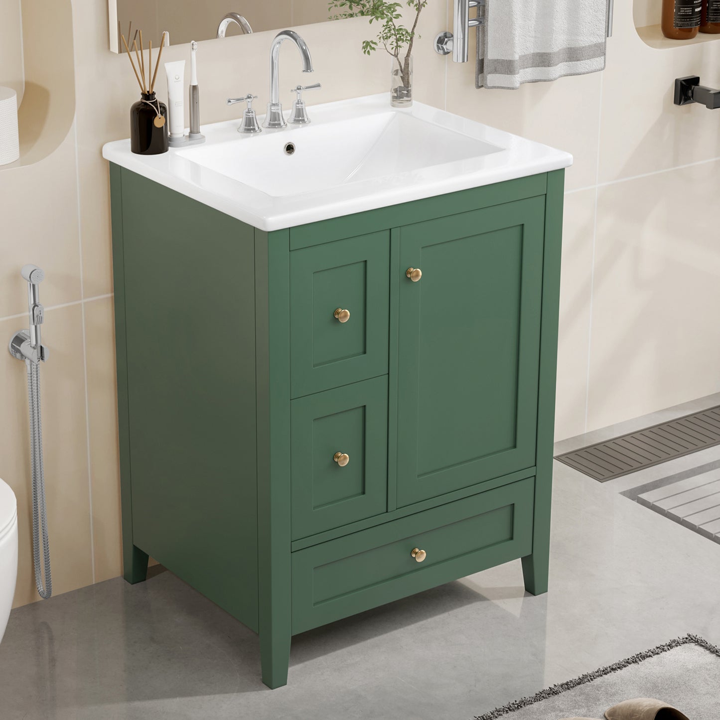 VanityFus 24-in Deep Green Bathroom Vanity Single Sink Combo Ceramic Top 1 door 3 drawers Undermount Adjustable Shelves