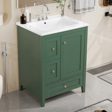 VanityFus 24-in Deep Green Bathroom Vanity Single Sink Combo Ceramic Top 1 door 3 drawers Undermount Adjustable Shelves