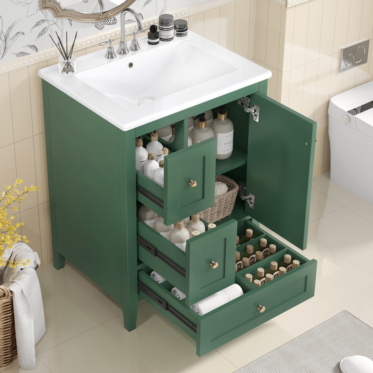 VanityFus 24-in Deep Green Bathroom Vanity Single Sink Combo Ceramic Top 1 door 3 drawers Undermount Adjustable Shelves