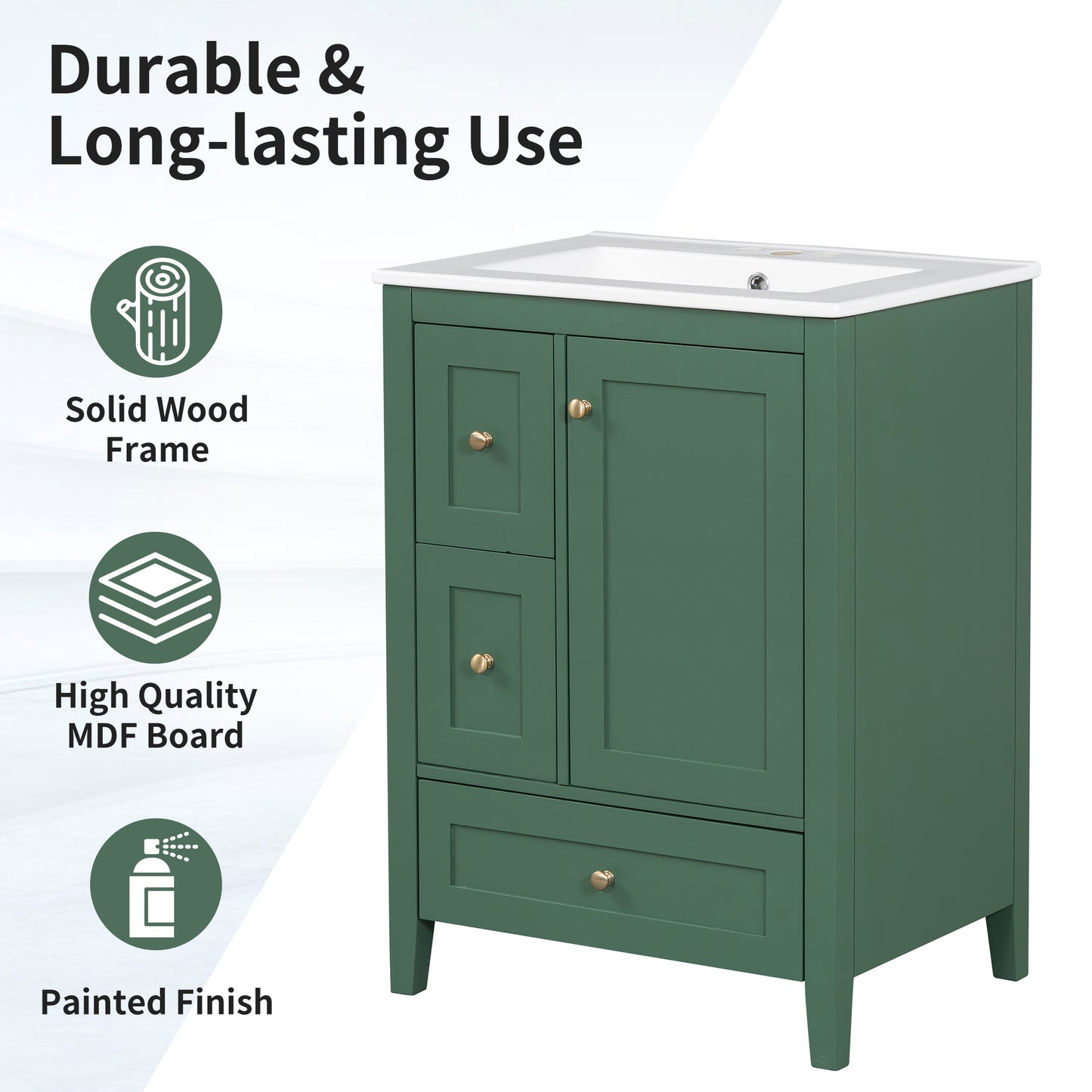 VanityFus 24-in Deep Green Bathroom Vanity Single Sink Combo Ceramic Top 1 door 3 drawers Undermount Adjustable Shelves