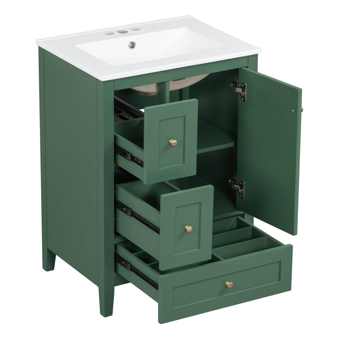 VanityFus 24-in Deep Green Bathroom Vanity Single Sink Combo Ceramic Top 1 door 3 drawers Undermount Adjustable Shelves