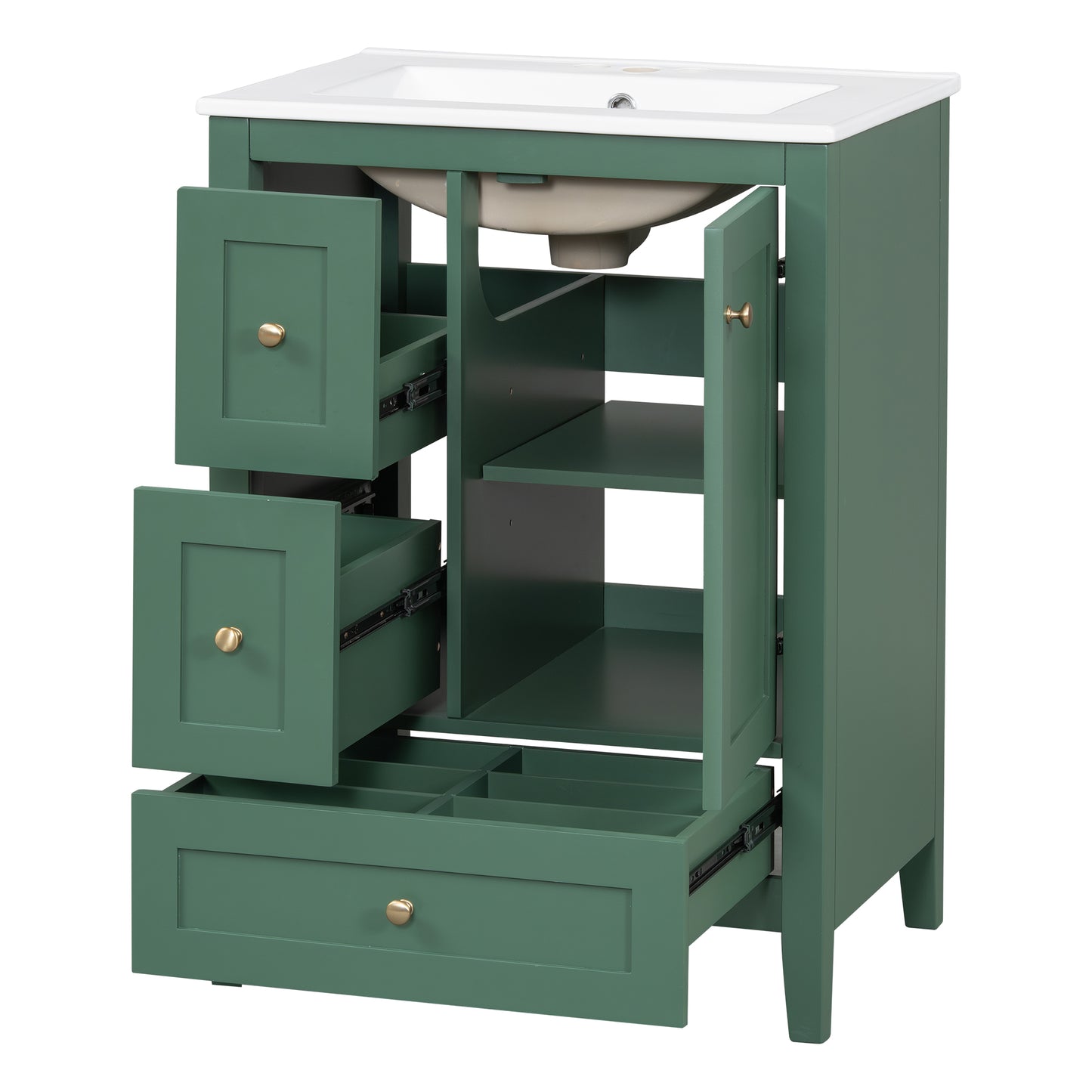 VanityFus 24-in Deep Green Bathroom Vanity Single Sink Combo Ceramic Top 1 door 3 drawers Undermount Adjustable Shelves