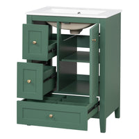 VanityFus 24-in Deep Green Bathroom Vanity Single Sink Combo Ceramic Top 1 door 3 drawers Undermount Adjustable Shelves