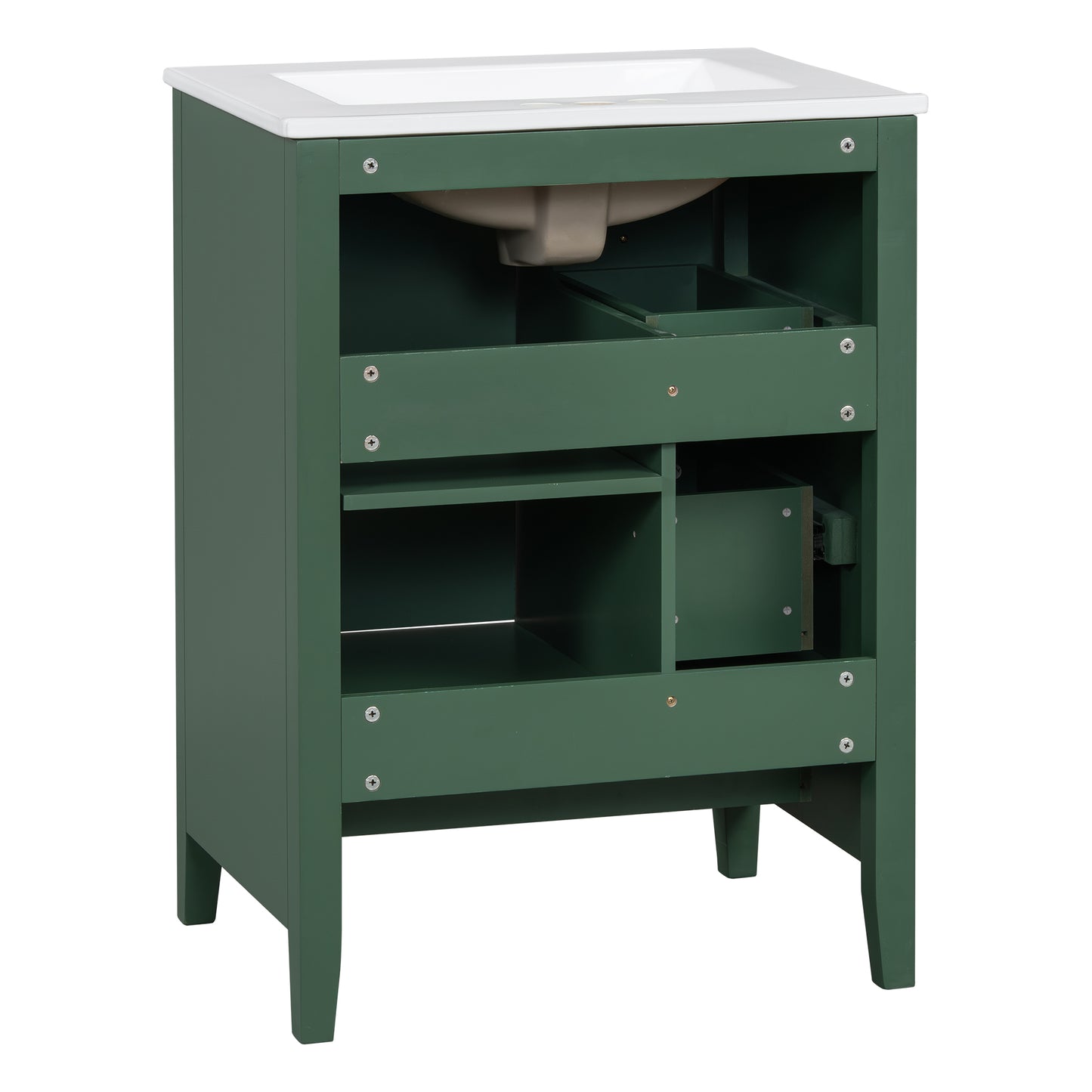 VanityFus 24-in Deep Green Bathroom Vanity Single Sink Combo Ceramic Top 1 door 3 drawers Undermount Adjustable Shelves