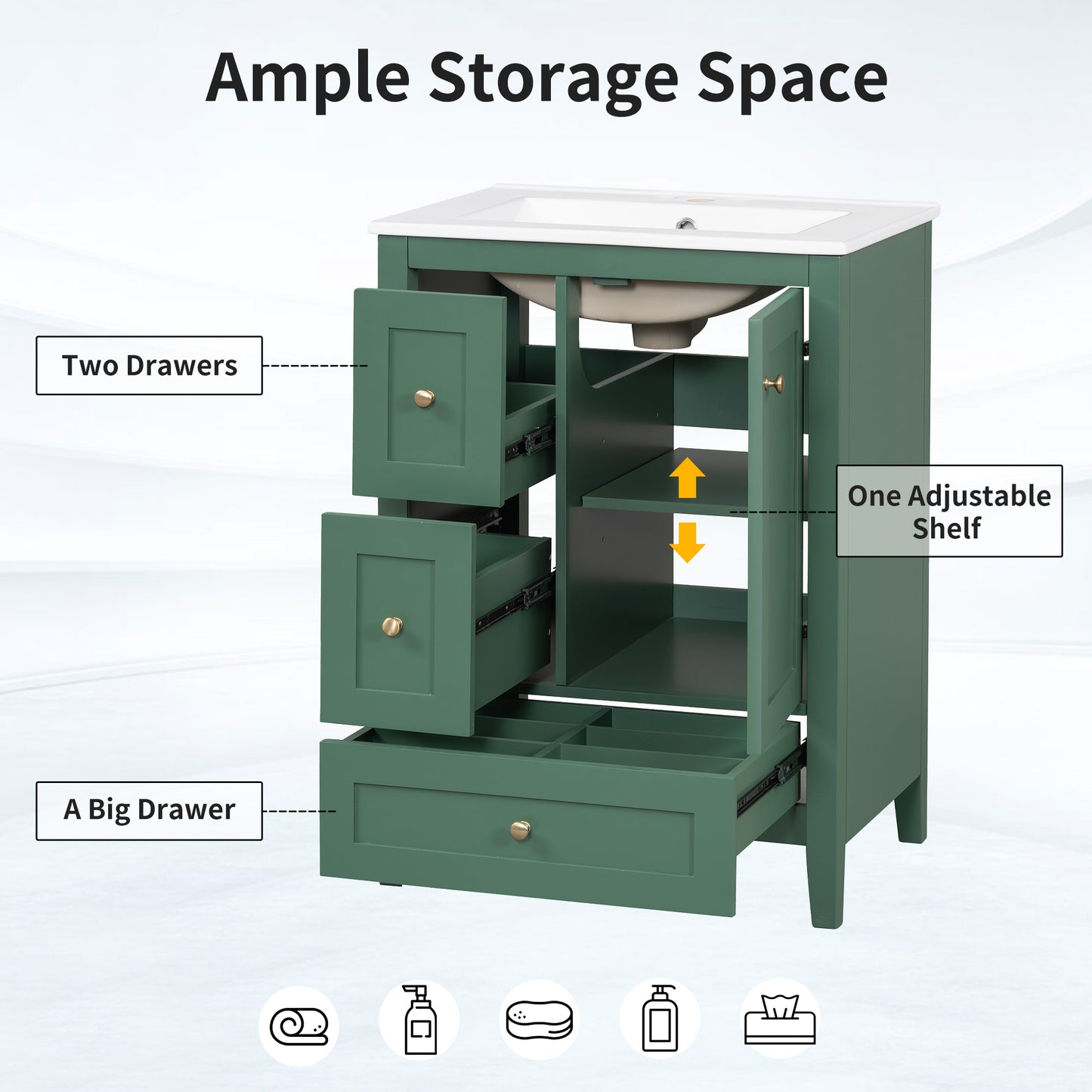 VanityFus 24-in Deep Green Bathroom Vanity Single Sink Combo Ceramic Top 1 door 3 drawers Undermount Adjustable Shelves