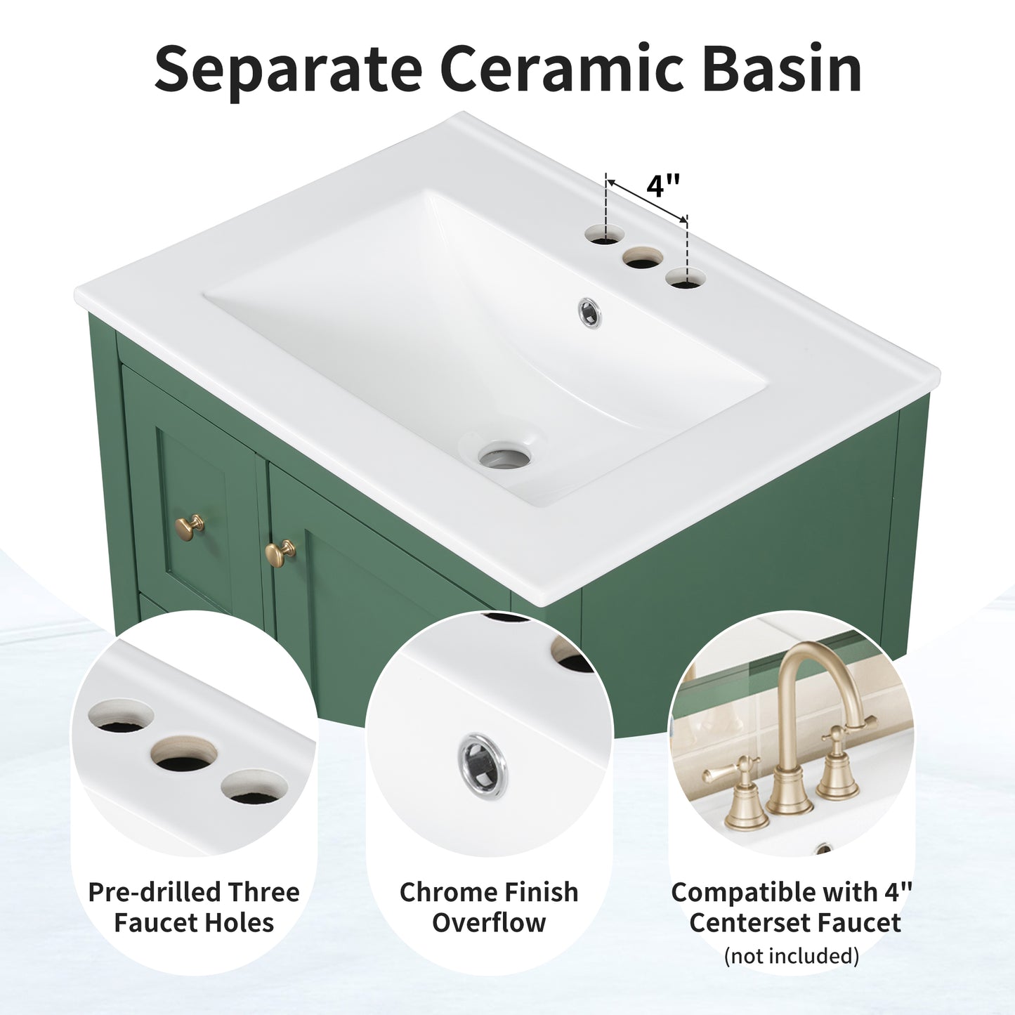VanityFus 24-in Deep Green Bathroom Vanity Single Sink Combo Ceramic Top 1 door 3 drawers Undermount Adjustable Shelves