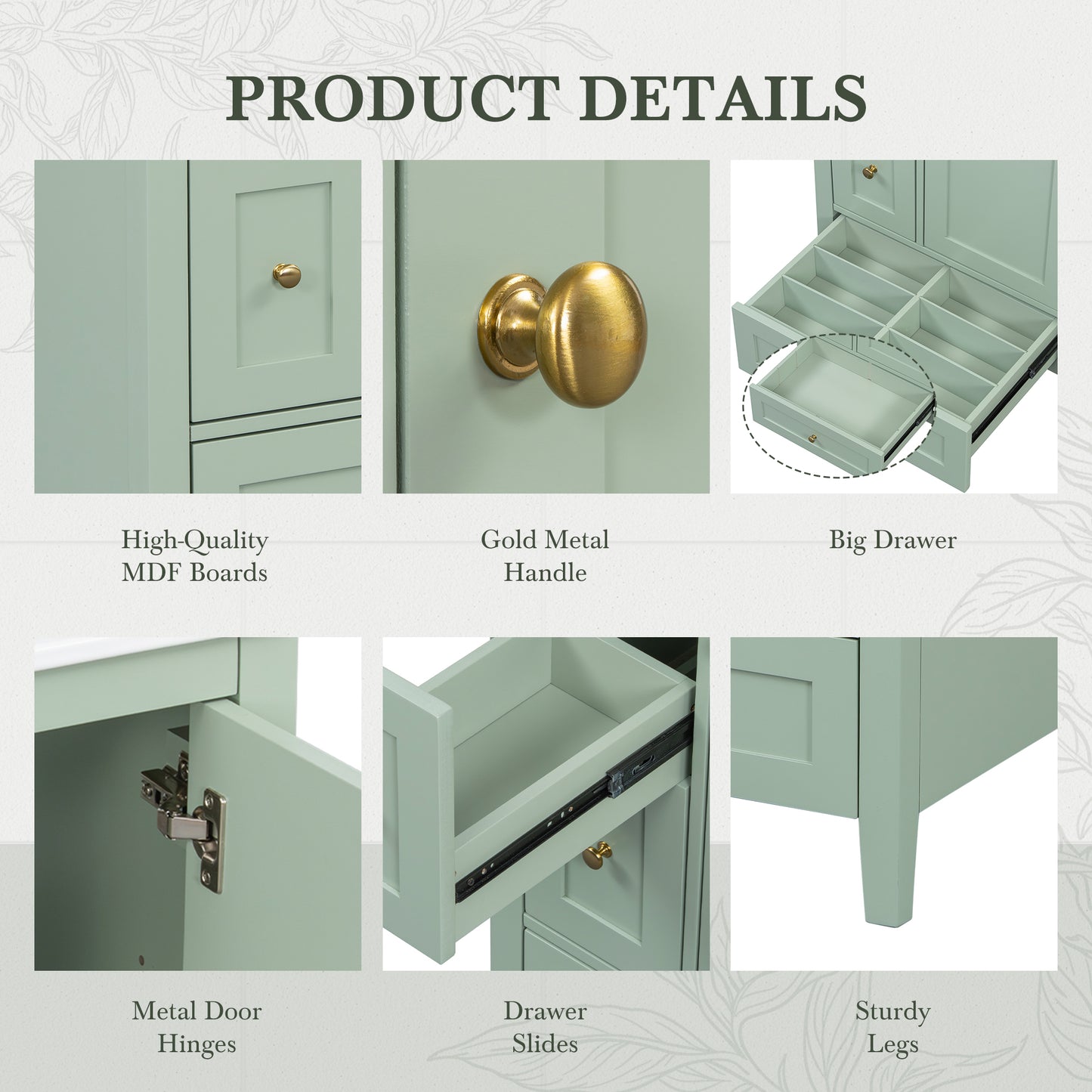 VanityFus 24-in Green Bathroom Vanity Single Sink Combo Ceramic Top 1 door 3 drawers Undermount Adjustable Shelves