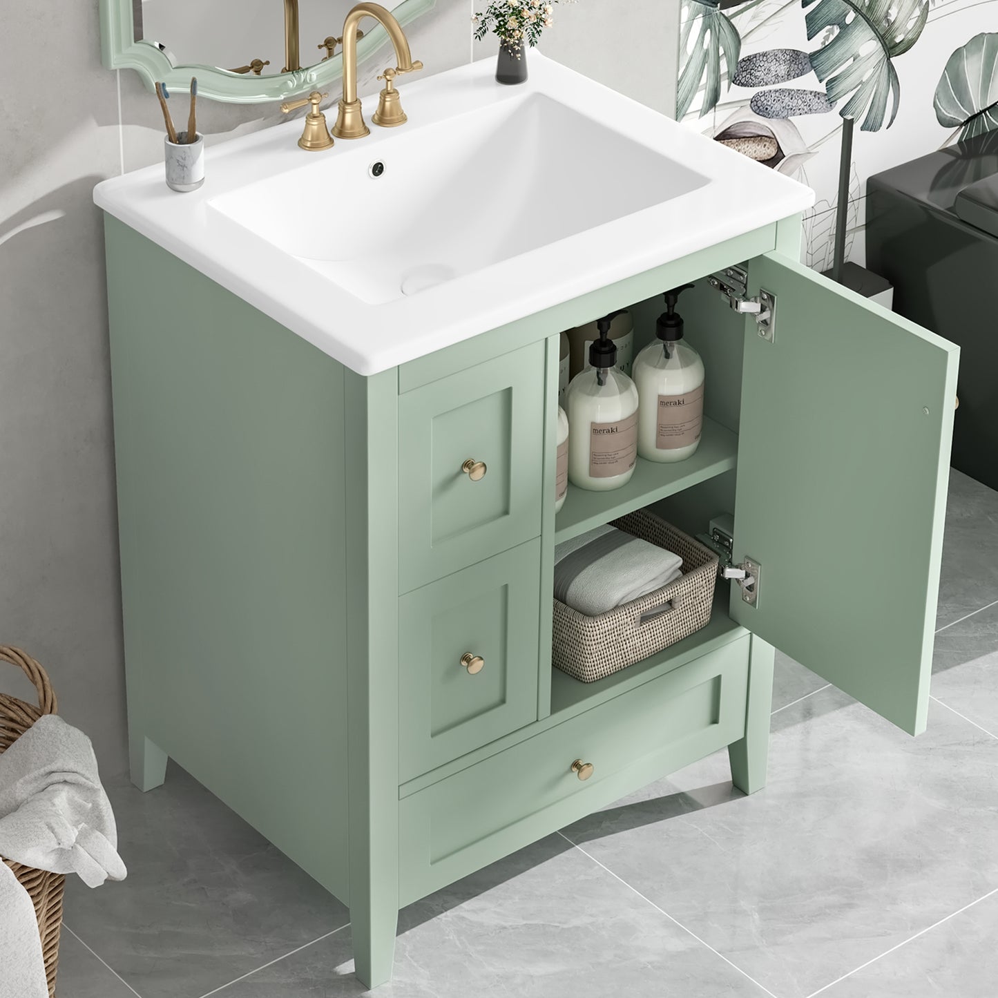 VanityFus 24-in Green Bathroom Vanity Single Sink Combo Ceramic Top 1 door 3 drawers Undermount Adjustable Shelves
