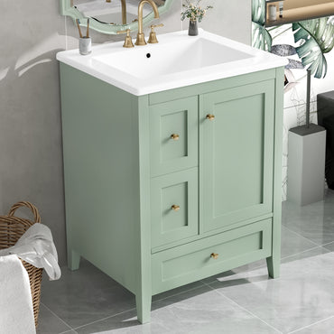 VanityFus 24-in Green Bathroom Vanity Single Sink Combo Ceramic Top 1 door 3 drawers Undermount Adjustable Shelves